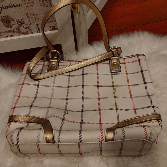 COACH 👜Peyton Tattersall Pocket Tote purse pink plum green w/ metallic trim - Picture 6 of 6